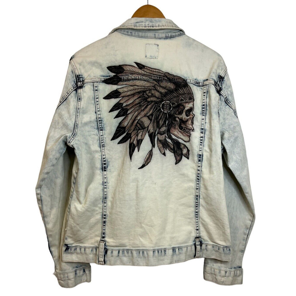 G by Guess Men's Indian‎ Skull Headdress Denim Jacket Medium